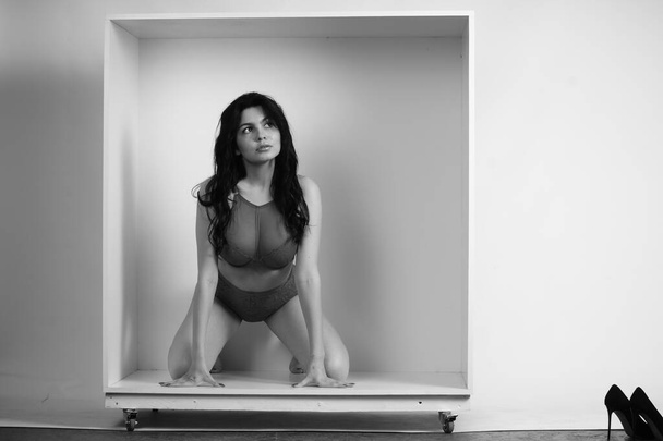 belle femme brune portant de la lingerie posant en cube blanc au studio  - Photo, image