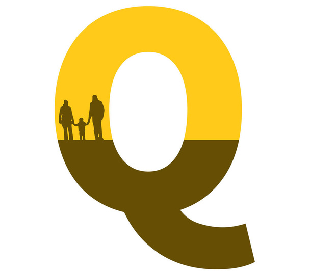 Buchstabe q des Alphabets mit der Silhouette einer Familie, Vater, Mutter und Kind, in der Farbe ocker und braun - Foto, Bild