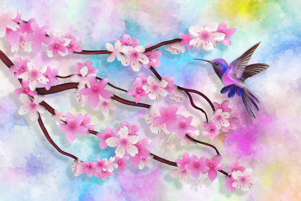 Kolorowe teksturalne tło, gałęzie kwiatów i latający nucący ptak, wiosenna koncepcja, ilustracja 3D - Zdjęcie, obraz