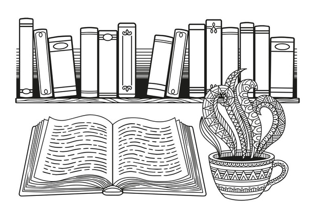 Livros e café para um bom descanso. Coloração detalhada do doodle para adultos - Vetor, Imagem