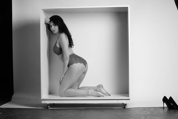 beautiful brunette woman wearing lingerie posing in white cube at studio  - Valokuva, kuva