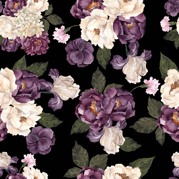 Seamless pattern with watercolor vintage floral arrangements, isolated on colored background - Valokuva, kuva