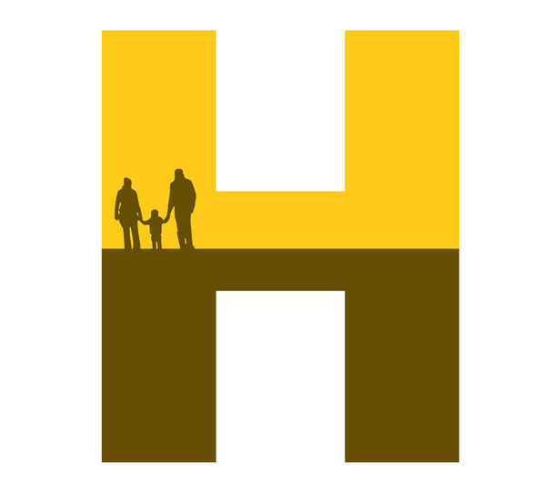 Letter H of the alphabet made with a silhouette of a family, father, mother and child, in the color ocher and brown - Foto, afbeelding