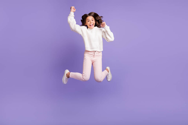 Full body photo of young excited girl jump happy smile celebrate win victory lucky fists hands isolated over violet color background - Fotó, kép
