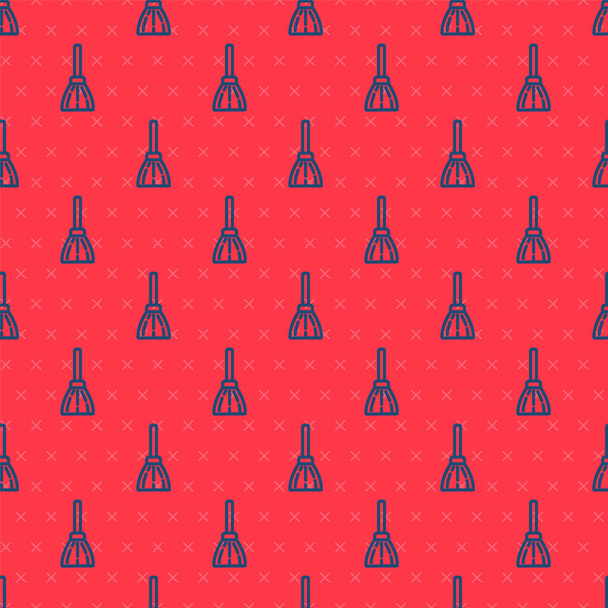 Blaue Linie Griff Besen-Symbol isoliert nahtlose Muster auf rotem Hintergrund. Reinigungsdienstkonzept. Vektor - Vektor, Bild