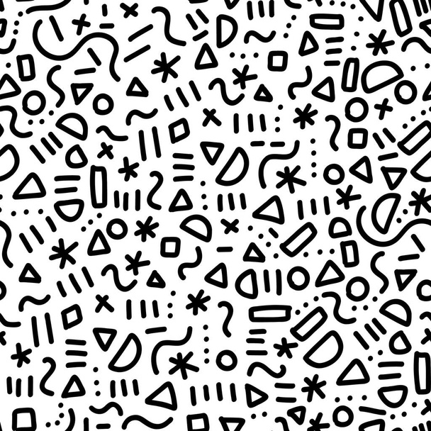 Memphis doodle pattern seamless vector repeat. Cute simple line art background with hand drawn elements black on white. Monochrome memphis style hipster backdrop for fabric, wallpaper, wrapping. - Vetor, Imagem