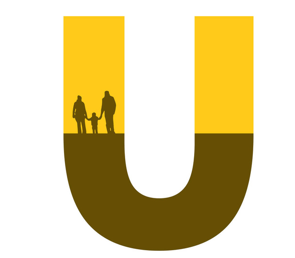 Буква u алфавита сделаны с силуэтом семьи, отца, матери и ребенка, в цвете охер и коричневый - Фото, изображение