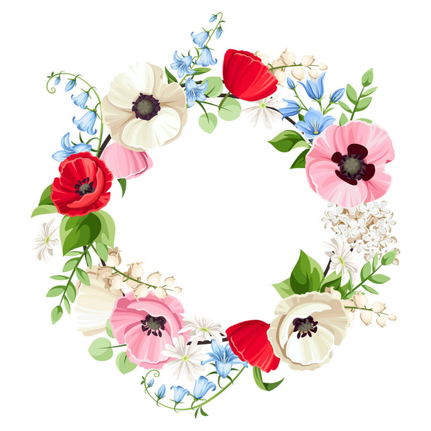 Vector floral wreath with red, pink, blue and white poppy, bluebell, lilac and lily-of-the-valley flowers. Floral circle frame. Greeting or invitation card design. - Vektor, obrázek