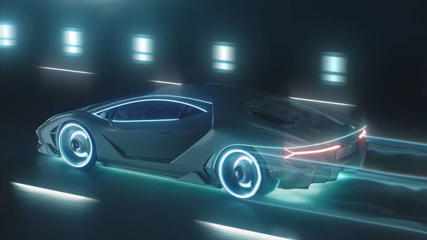 3d rendering Sport cyber neon auto si precipita sulla strada notturna con luci al neon - Foto, immagini