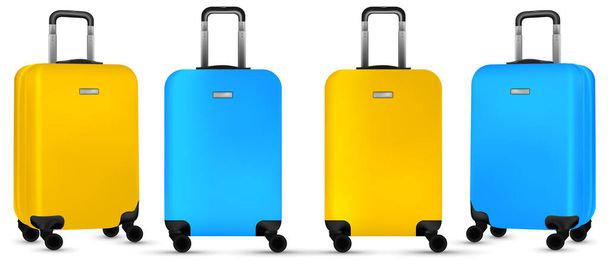 Reisekoffer isoliert. Set aus buntem Plastikgepäck oder Urlaubstasche auf weißem Hintergrund. Gestaltung des Sommerferienkonzepts. - Vektor, Bild