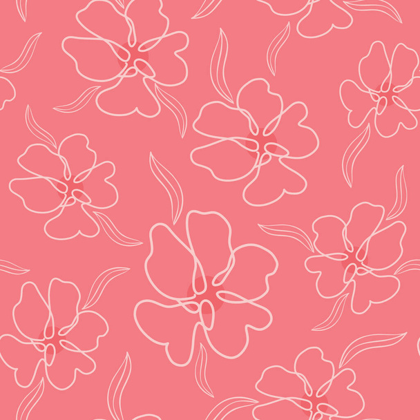 Bright coral color pattern with delicate monoline flowers, vector illustration. Seamless floral background. Template for packaging, wallpaper, paper and designs. - Wektor, obraz