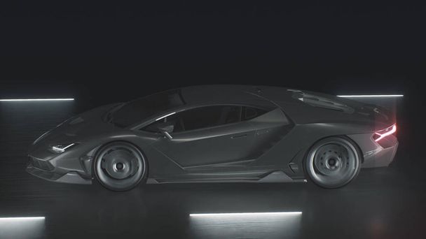 3D рендеринг Спортивный автомобиль едет на скорости по дороге с неоновыми огнями - Фото, изображение