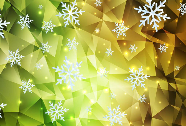 Açık yeşil, parlak kar taneleri ve yıldızlı kırmızı vektör düzeni. Değişken kar taneleri olan renkli kar taneleri. Yeni Yıl broşürleri için temel bölüm. - Vektör, Görsel