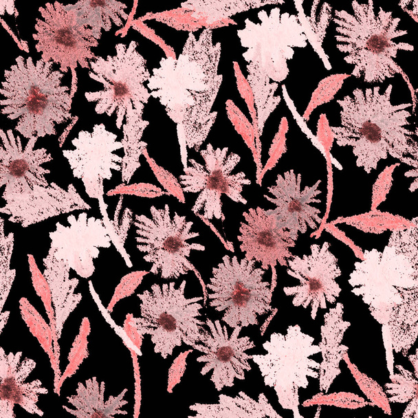 Creative seamless pattern with abstract flowers drawn with wax crayons. Bright colorful floral print. - Foto, afbeelding