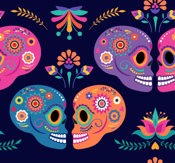 Dia do padrão sem costura morto e fundo com crânios coloridos e flores tradicionais mexicanas, banner Dia de los muertos. Fiesta, cartaz de feriado de Halloween, panfleto de festa, cartão engraçado - Vetor, Imagem
