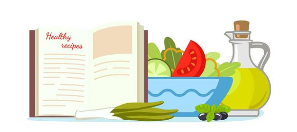 Recetas saludables Cookbook cocina creativa estilo plano vector ilustración Receta de un viejo libro de cocina - Vector, imagen