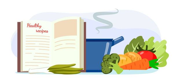 Здорові рецепти Кулінарна творча кулінарія плоский стиль Векторні ілюстрації Рецепт зі старої кулінарної книги
 - Вектор, зображення