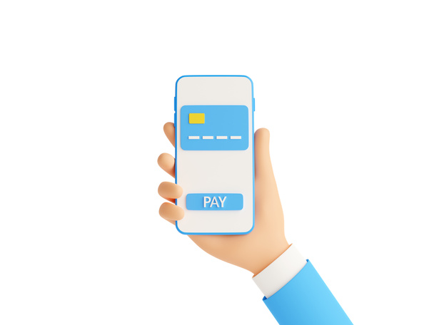 Online payment 3d render illustration. Hand holding mobile phone with credit card and pay button on screen. - Фото, изображение