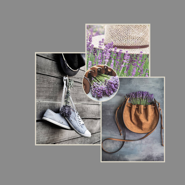 Levendula virágok és divat. Négy kép kollázsa. Hangulat tábla másolási hellyel - Fotó, kép
