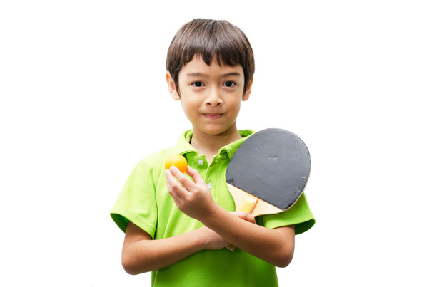 Little boy playing table tennis on white background - Φωτογραφία, εικόνα
