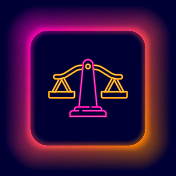 Parlayan neon çizgisi adalet simgesi siyah arka planda izole edildi. Hukuk mahkemesi sembolü. Denge tabelaları. Renkli taslak konsepti. Vektör - Vektör, Görsel