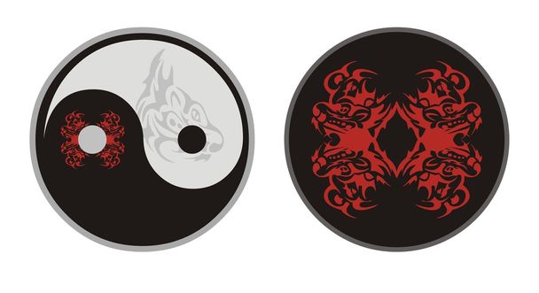 Yin Yang símbolo y un círculo con las cabezas de los tigres
 - Vector, Imagen