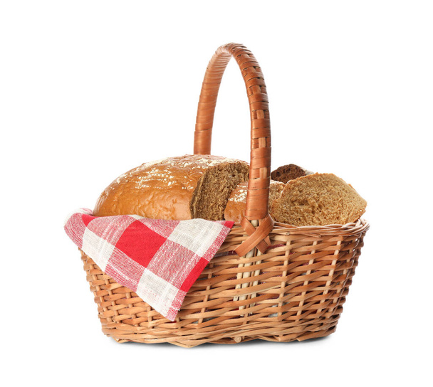 Fresh rye bread in basket on white background - Photo, Image
