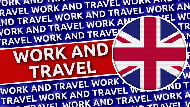 Ηνωμένο Βασίλειο Circular Flag with Work and Travel Titles - 3D Εικονογράφηση - Φωτογραφία, εικόνα