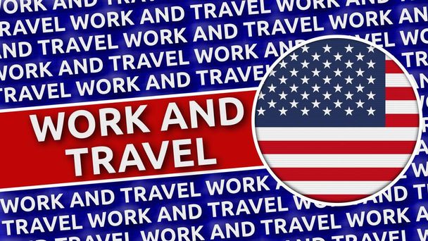 Drapeau circulaire des États-Unis d'Amérique avec titres de travail et de voyage - Illustration 3D - Photo, image