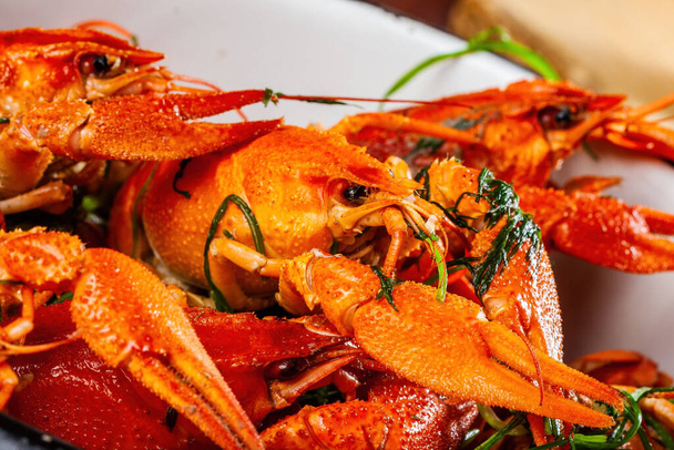 Boiled crawfish or crayfish with herbs in a white plate - Photo, Image