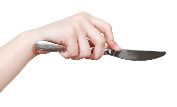 hand with table knife isolated on white - Photo, Image