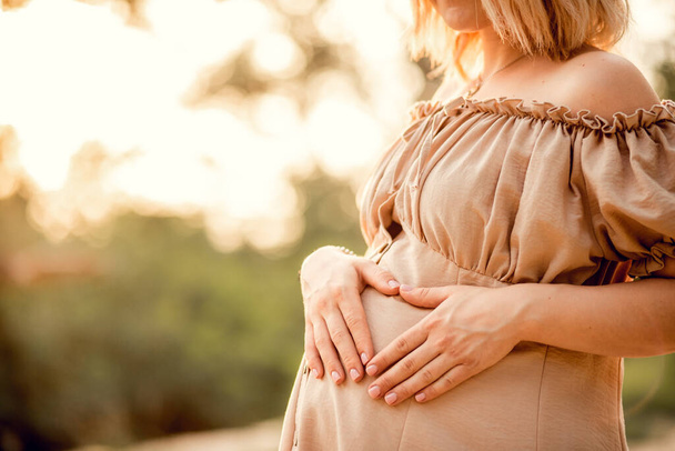 Close-up of pregnant woman with hands on her belly on nature background. Silhouette of woman in beige dress. Concept of pregnancy, maternity, family, expectation for baby birth. Waiting for a child - Fotografie, Obrázek
