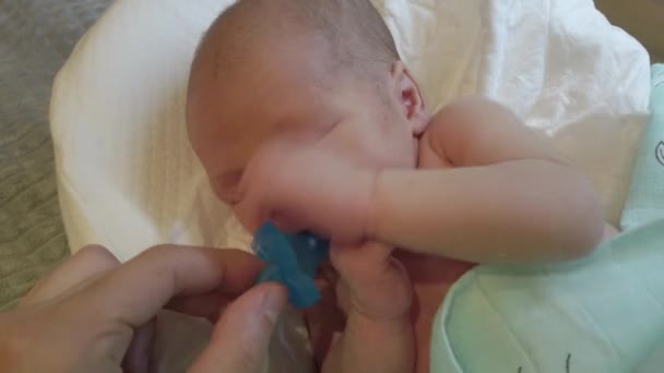 Baby boy lying in baby pod newborn cocoon, infant sleep safety. - Footage, Video