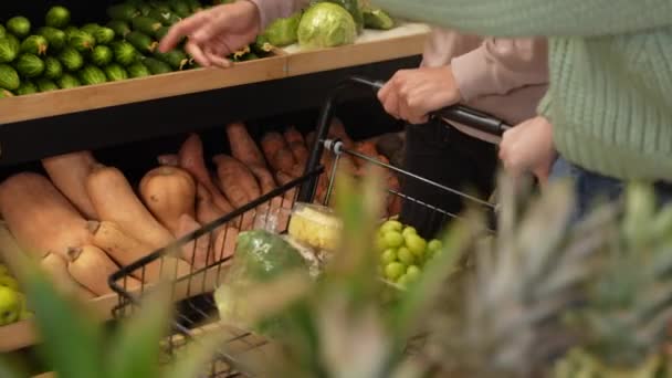 Vegetarische kopers doen aankopen in boerderijwinkel - Video