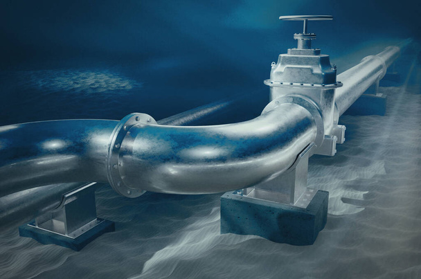 Metalowy gazociąg na dnie oceanu pod wodą. 3D ilustracja rur z zaworem leżącym pod wodą. Renderowanie 3D. - Zdjęcie, obraz