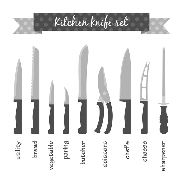 Types of kitchen knives set - Vector, Image