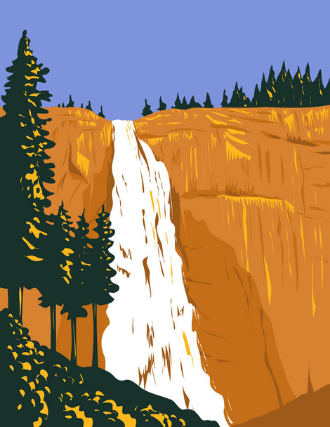 WPA plakat sztuki Nevada Falls na Merced River poniżej granitowej kopuły Liberty Cap na zachód od Little Yosemite Valley w Parku Narodowym Yosemite, Kalifornia USA wykonane w stylu zarządzania projektem prac.  - Wektor, obraz