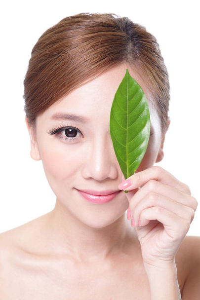 Woman face portrait with green leaf - Valokuva, kuva
