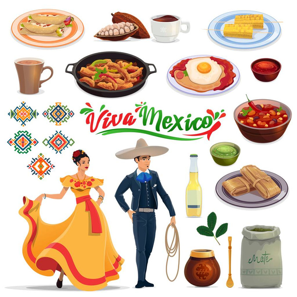 Meksikolaisia aterioita ja juomia, karnevaaliasuisia ihmisiä. Vektori enchilada, kaakaopapuja ja suklaata, fajitas, huevos rancheros ja tamale, limonadi, mate and woman in tabasco dress, mies charro puku - Vektori, kuva