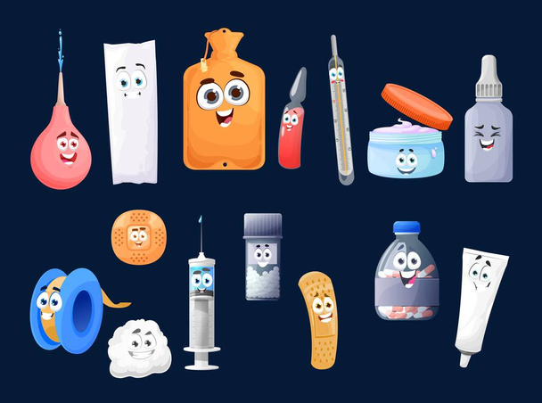 Cartoon first aid kit characters, vector medicine pills in bottle, cute happy clyster, syringe and thermometer with ointment in jar. Capsule with tablets and patch, cotton pad and cream tube - Vektör, Görsel