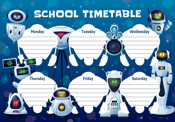 Lennokit, robotit ja androidit koulun aikataulu vektori malli. Weekly suunnittelija runko suunnittelu tekoäly kyborgeja, söpö ai botit. Koulutus sarjakuva aikataulu, lapset aikataulu oppitunteja - Vektori, kuva