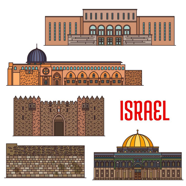 Israel maamerkki arkkitehtuuri, kirkot ja temppelit rakennuksia, vektori Jerusalem nähtävyyksiä uskonnollisia paikkoja. Itkumuuri Kotel, Rock-pyhäkön kupoli Temppelivuorella ja islamilainen Al-Aqsa moskeija - Vektori, kuva