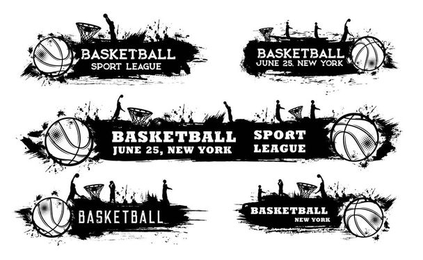 選手、ボールとバスケットブラックベクトルシルエットとバスケットボールスポーツグランジバナー。バスケットボールコート機器やブラシストローク、塗料スプラッシュやハーフトーンパターンを持つチームプレーヤー - ベクター画像