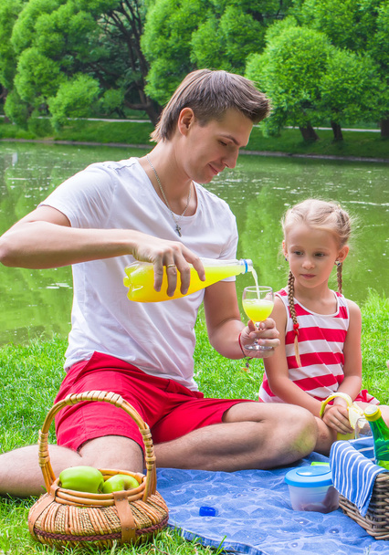 junger Vater mit kleinem Mädchen picknickt draußen und trinkt Saft - Foto, Bild