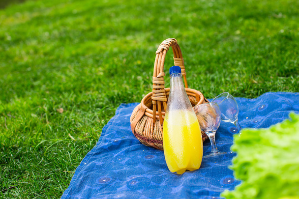 Panier pique-nique avec fruits, pain et bouteille de vin blanc
 - Photo, image