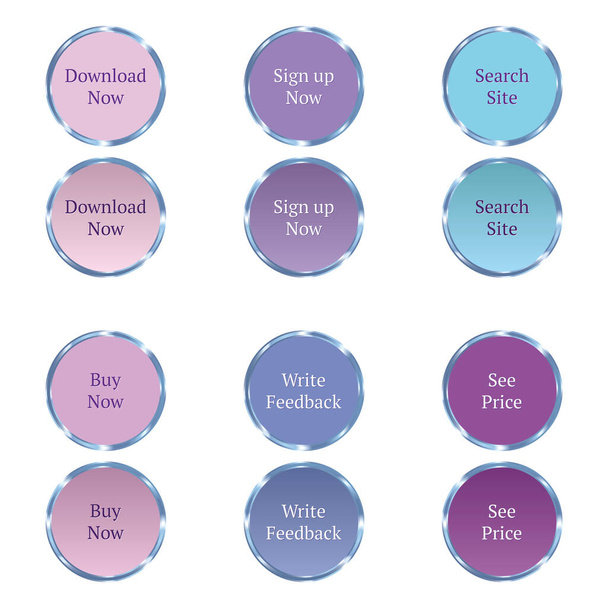 Conjunto de vetores modernos botões redondos para sites de beleza e moda. Cores pastel azul e violeta, ilustração vetorial com estilos gráficos editáveis. - Vetor, Imagem