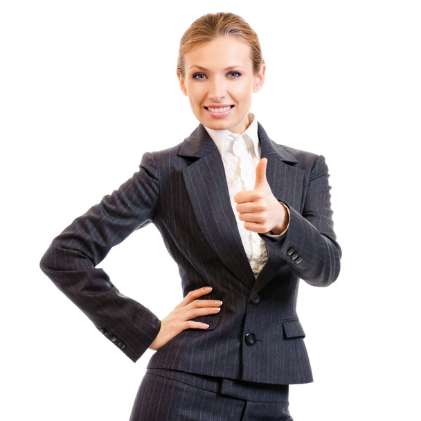 Businesswoman with thumbs up gesture, isolated on white - Fotoğraf, Görsel