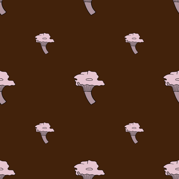 Lila contorneado cantharellus cibarius hongos ornamento patrón sin costuras. Fondo marrón oscuro. Ilustración de stock. Diseño vectorial para textiles, tela, envoltura de regalo, fondos de pantalla - Vector, imagen