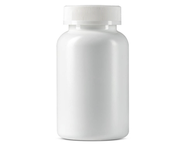 White plastic bottle, container or packer for Pills, tablets, drugs, vitamins. Medicine Concept for pharmacy store, hospital, doctor's office, disease, illness, sick people. For Doctor prescription. - Photo, Image