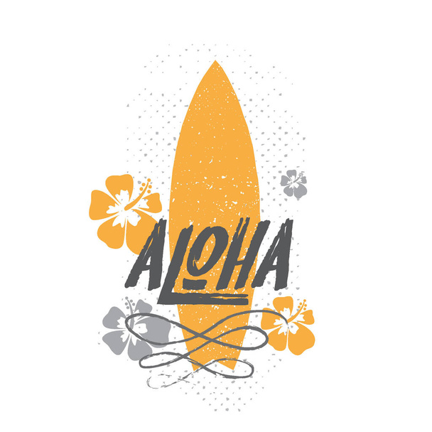 アロハ文字と花飾りのサーフボード - ベクター画像